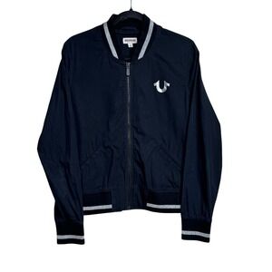 Vintage True Religion Womens Black Bomber Jacket Large Logo Design Track Style